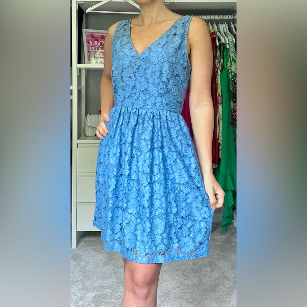 Cerulean Blue Fit and Flare Floral Crochet Dress
